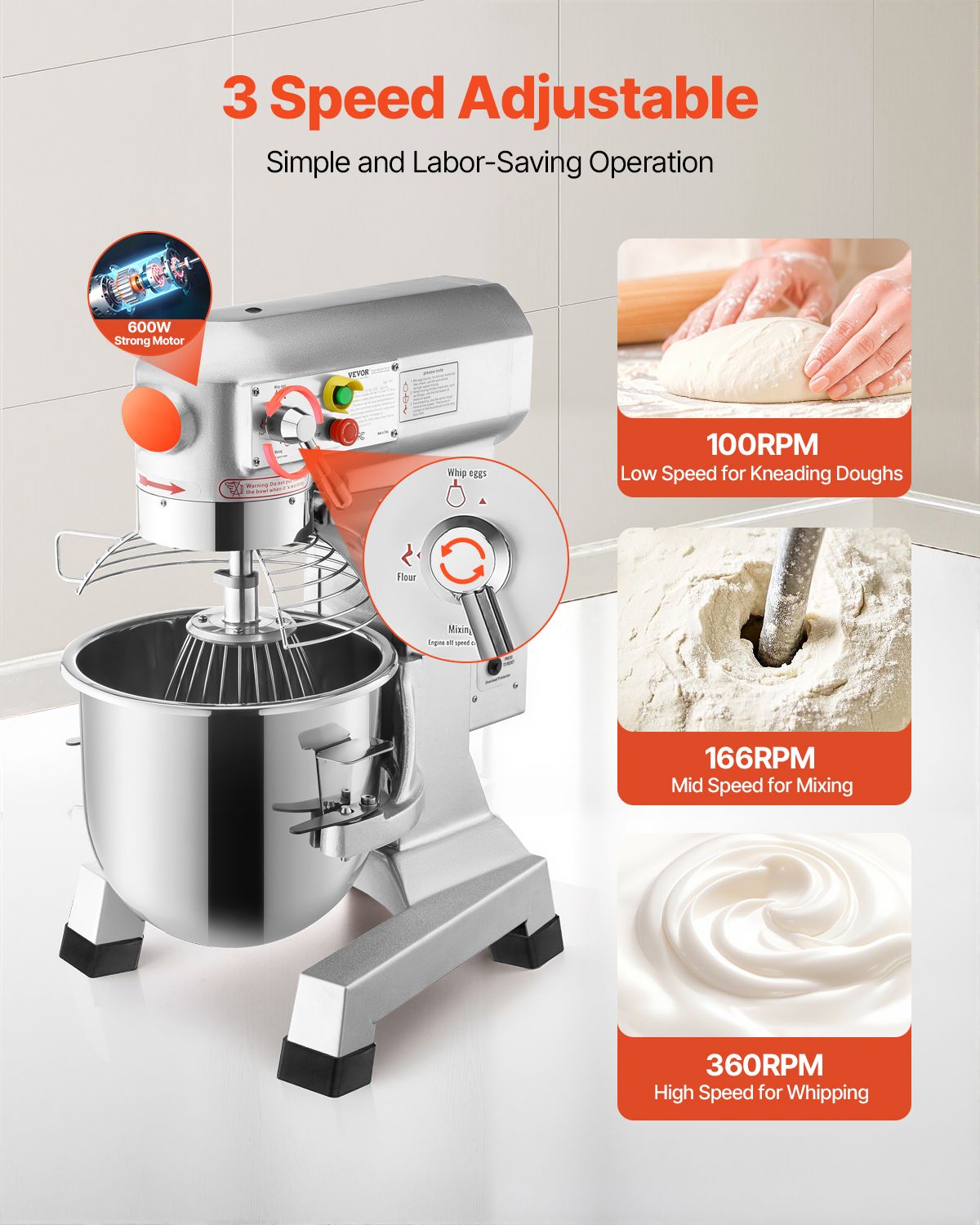 Commercial Food Mixer 20Qt 750W 3 Speeds Adjustable 105 180 and 408 RPM Food Processor Heavy Duty with Stainless Steel Bowl Dough Hooks Whisk Beater for Schools Bakeries Restaurants Pizzeria