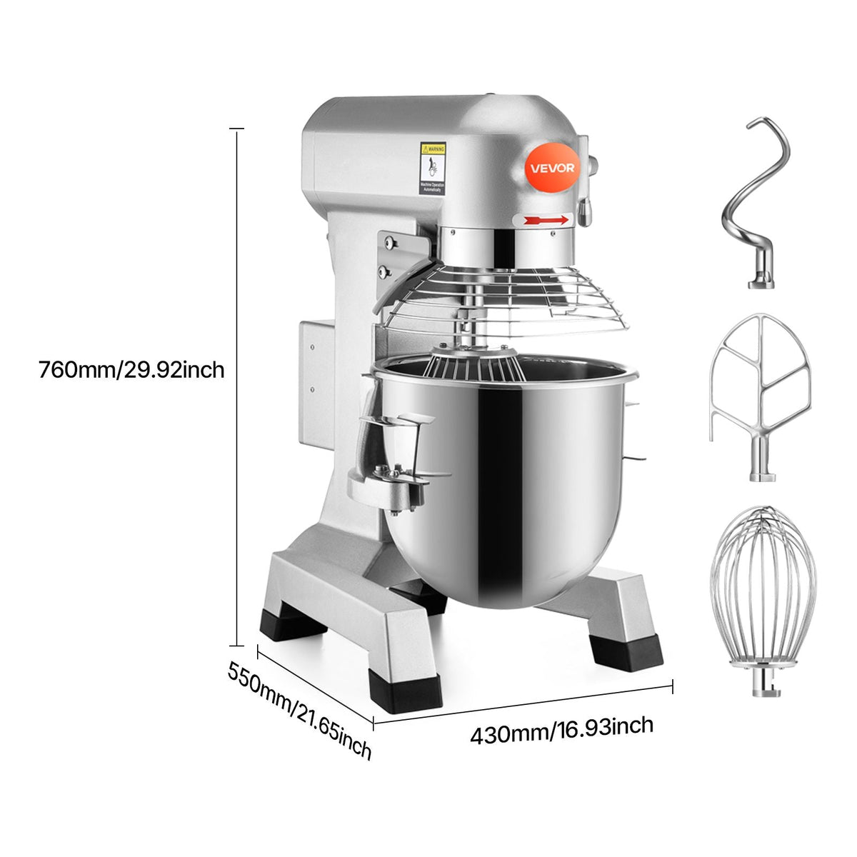 Commercial Food Mixer 20Qt 750W 3 Speeds Adjustable 105 180 and 408 RPM Food Processor Heavy Duty with Stainless Steel Bowl Dough Hooks Whisk Beater for Schools Bakeries Restaurants Pizzeria