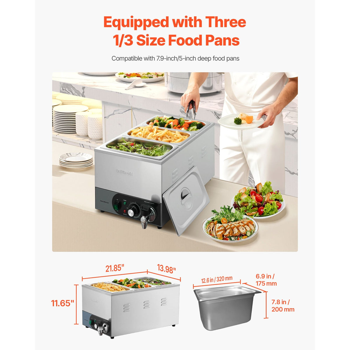 Commercial Food Warmer, 1200W Electric Stainless Steel Steam Food Warmer, Fast Heating Countertop Buffet Bain Marie with Detachable Power Cord, for Catering, Restaurants, Parties & Buffets