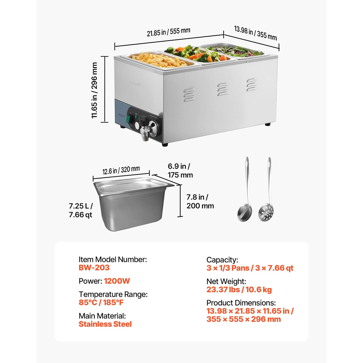 Commercial Food Warmer, 1200W Electric Stainless Steel Steam Food Warmer, Fast Heating Countertop Buffet Bain Marie with Detachable Power Cord, for Catering, Restaurants, Parties & Buffets