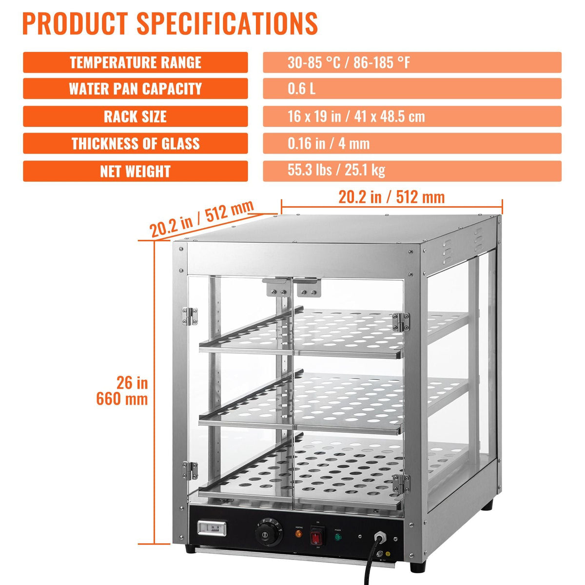 Commercial Food Warmer Display, 3 Tiers, 800W Pizza Warmer with 3D Heating 3-Color Lighting Bottom Fan, Countertop Pastry Warmer with Temp Knob & Display 0.6L Water Tray, Stainless Frame Glass D