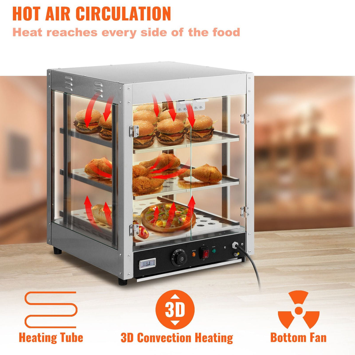 Commercial Food Warmer Display, 3 Tiers, 800W Pizza Warmer with 3D Heating 3-Color Lighting Bottom Fan, Countertop Pastry Warmer with Temp Knob & Display 0.6L Water Tray, Stainless Frame Glass D