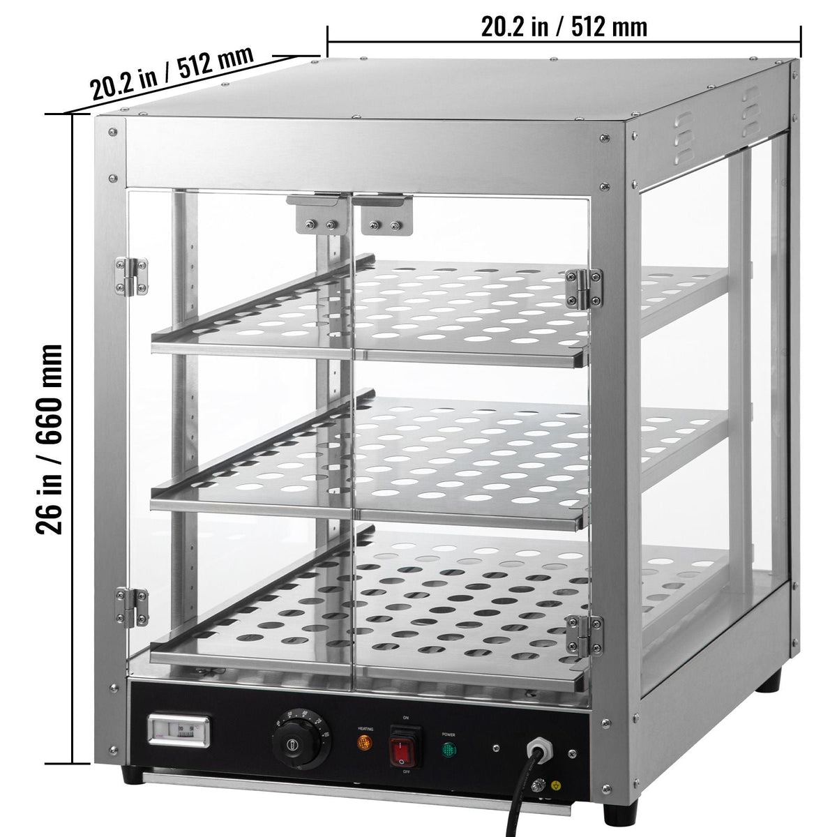 Commercial Food Warmer Display, 3 Tiers, 800W Pizza Warmer with 3D Heating 3-Color Lighting Bottom Fan, Countertop Pastry Warmer with Temp Knob & Display 0.6L Water Tray, Stainless Frame Glass D