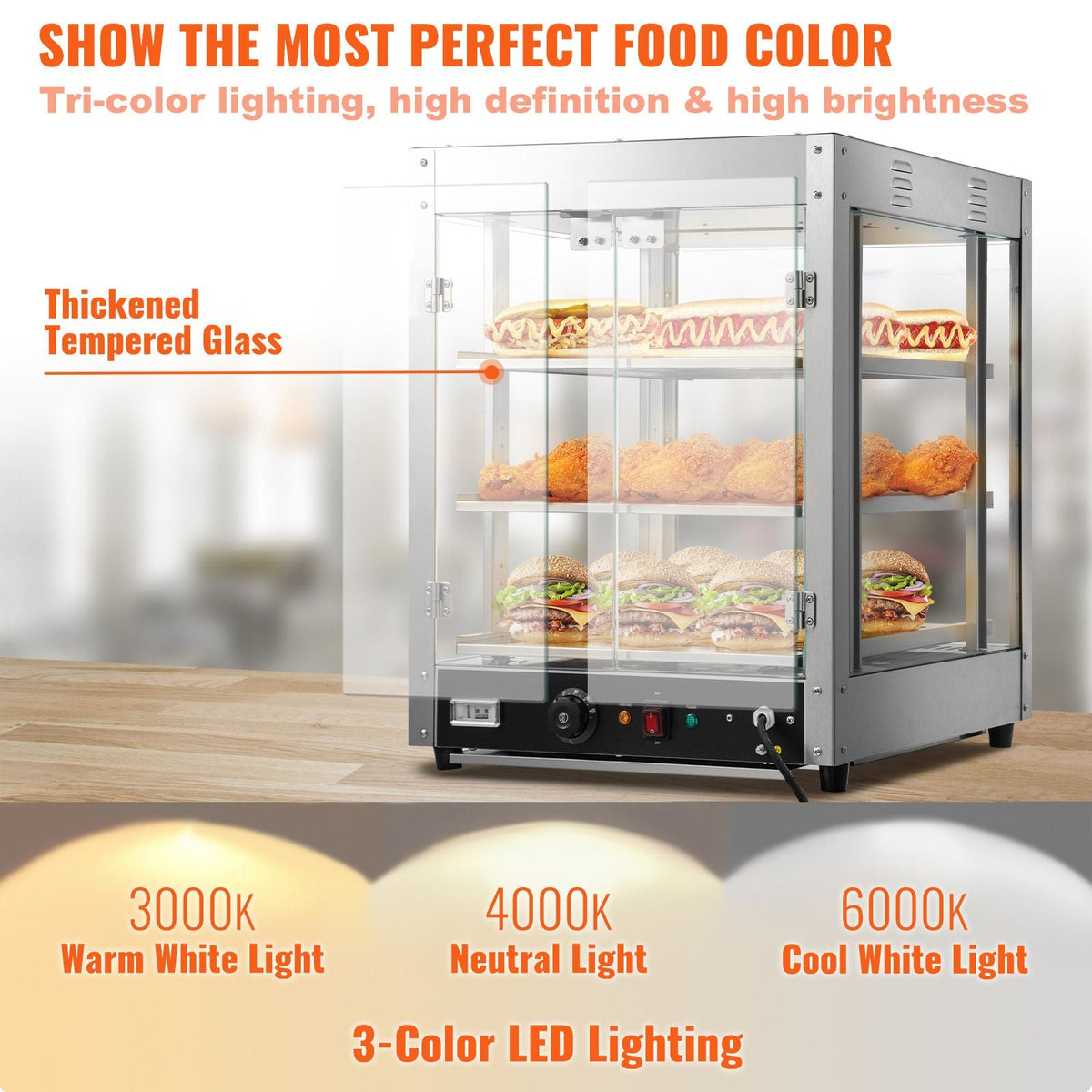 Commercial Food Warmer Display, 3 Tiers, 800W Pizza Warmer with 3D Heating 3-Color Lighting Bottom Fan, Countertop Pastry Warmer with Temp Knob & Display 0.6L Water Tray, Stainless Frame Glass D