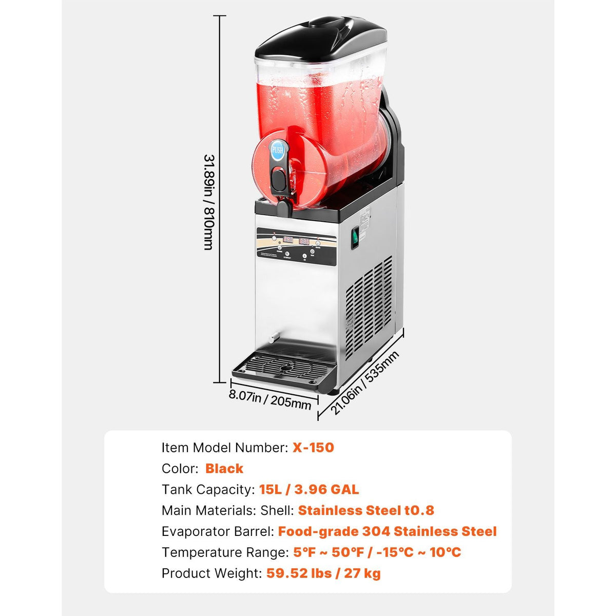 Commercial Frozen Drink Maker, 15L Single Tank Slushy Machine, 60 Cups Stainless Steel Margarita Smoothie Frozen Drink Machine, Slushie Maker for Home Party Restaurants Cafe Bars