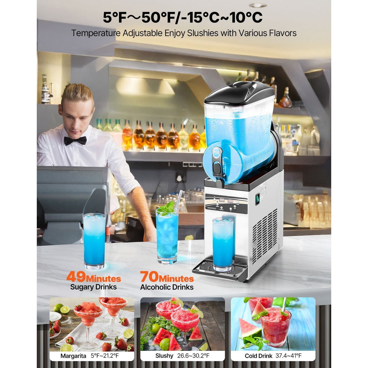 Commercial Frozen Drink Maker, 15L Single Tank Slushy Machine, 60 Cups Stainless Steel Margarita Smoothie Frozen Drink Machine, Slushie Maker for Home Party Restaurants Cafe Bars