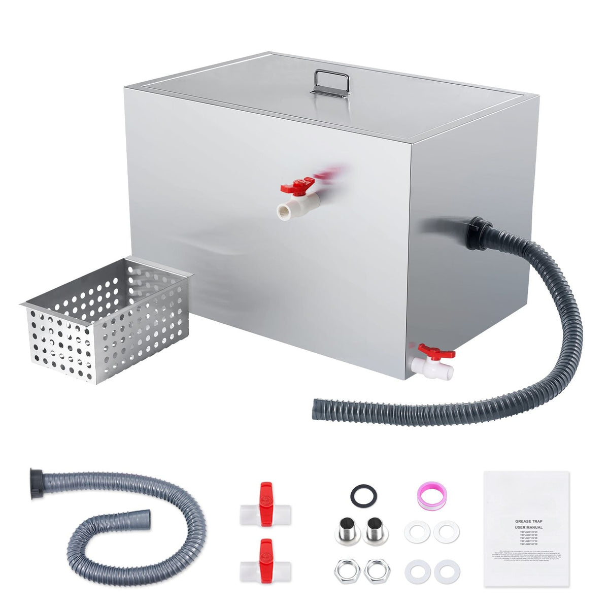 Commercial Grease Trap, 40 LBS Grease Interceptor, Side Inlet Interceptor, Under Sink Stainless Steel Grease Trap, 10 GPM Waste Water Oil-water Separator, for Restaurant Canteen Home Kitchen