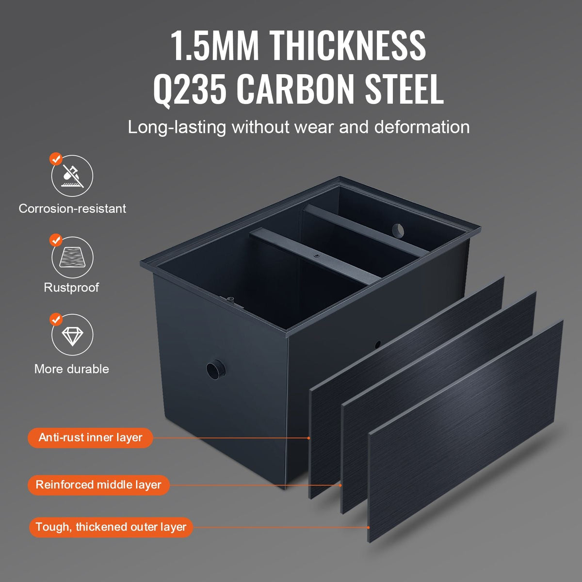 Commercial Grease Trap, 50 LBS Grease Interceptor, Side Inlet Interceptor, Under Sink Carbon Steel Grease Trap, 19.3 GPM Waste Water Oil-water Separator, for Restaurant Canteen Home Kitchen