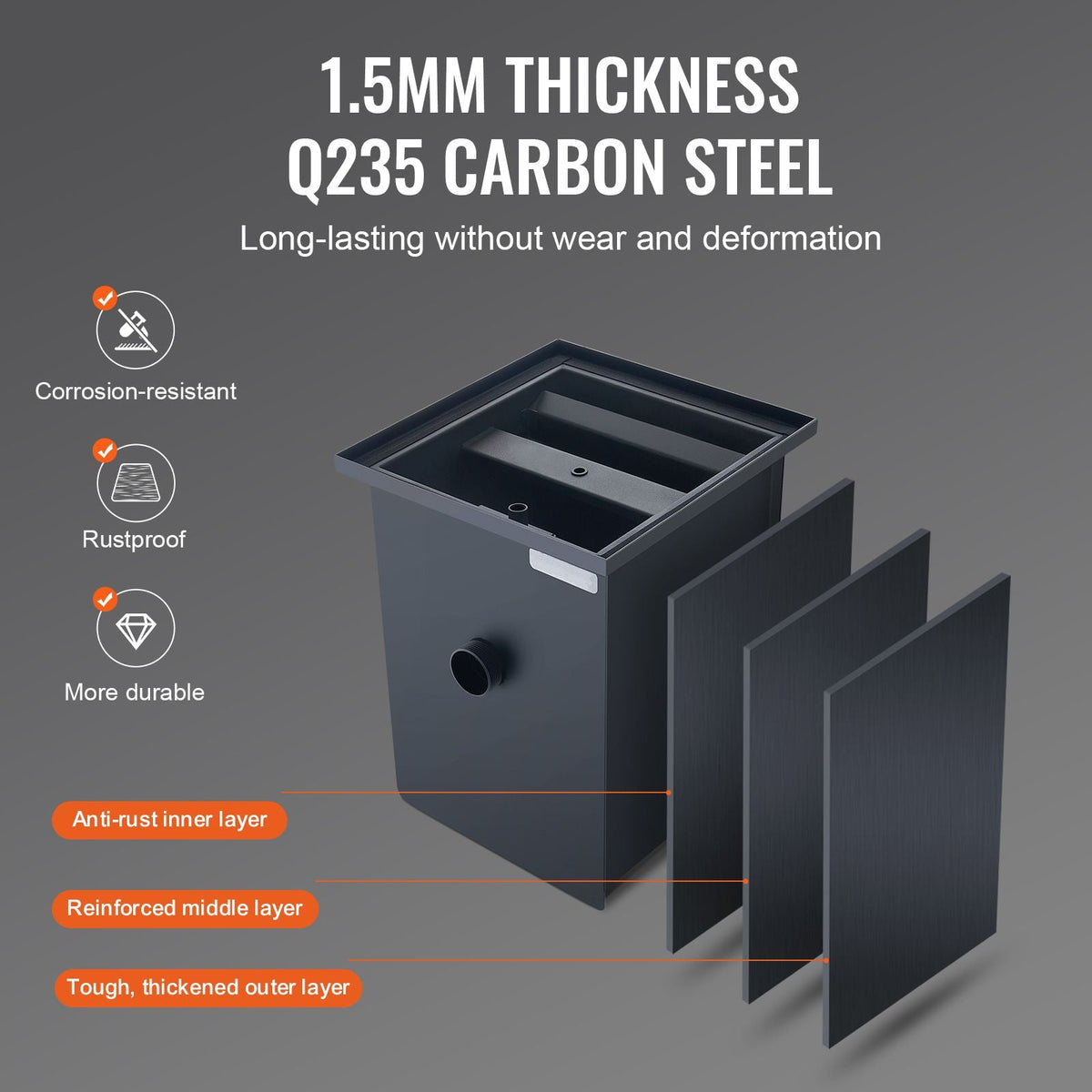Commercial Grease Trap, 8 LBS Grease Interceptor, Side Inlet Interceptor, Under Sink Carbon Steel Grease Trap, 4.6 GPM Waste Water Oil-water Separator, for Restaurant Canteen Home Kitchen