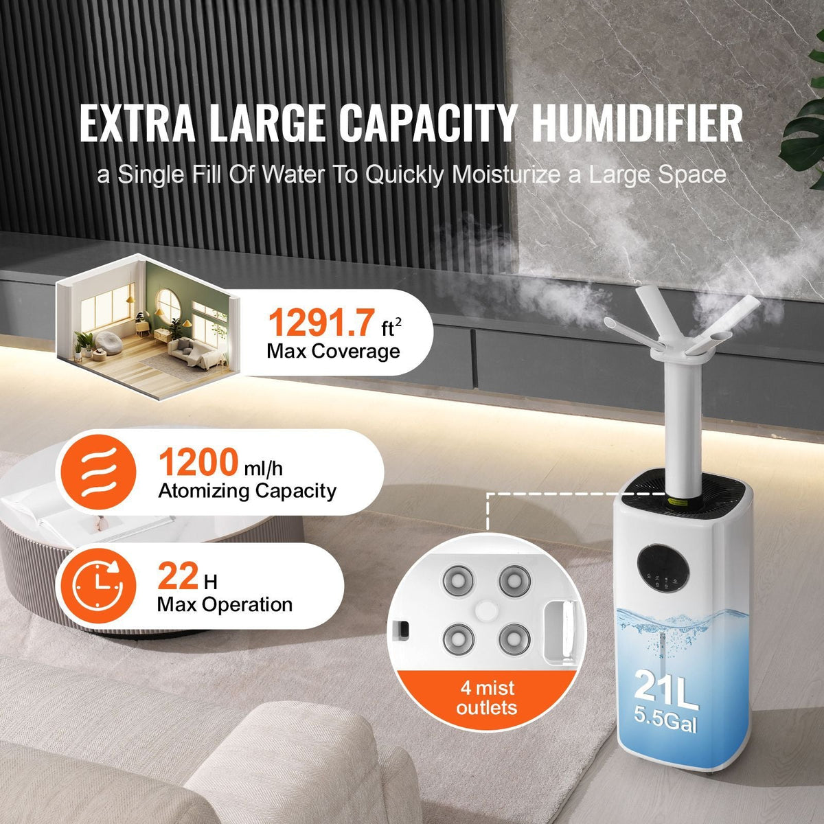 Commercial Humidifier, 5.5 Gal/21L 40.6 oz/h Cool Mist Output, Industrial Air Vaporizer for Large Room Up To 1291.7 Sq Ft,Top Refill Humidifier w/ 12-Hour Timer for Whole House,Greenhouse, Plant