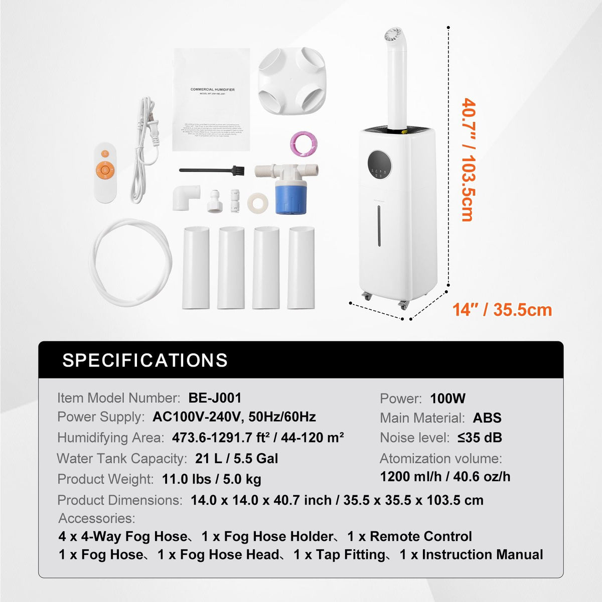 Commercial Humidifier, 5.5 Gal/21L 40.6 oz/h Cool Mist Output, Industrial Air Vaporizer for Large Room Up To 1291.7 Sq Ft,Top Refill Humidifier w/ 12-Hour Timer for Whole House,Greenhouse, Plant