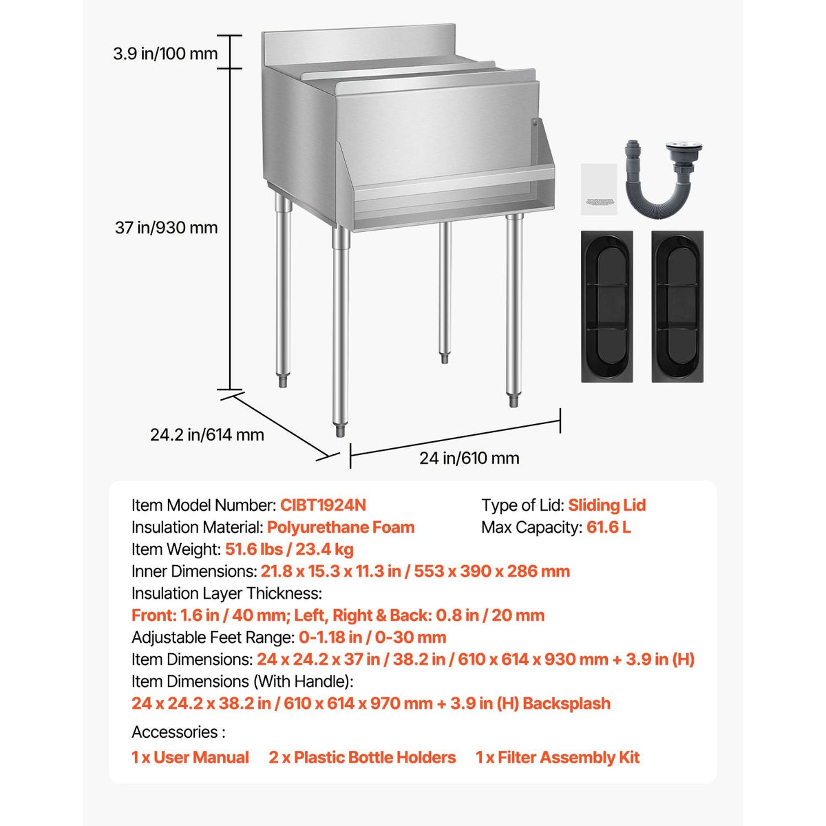 Commercial Ice Bin, 61.6 L Underbar Ice Bin, 24 x 24.2 x 37 in Stainless Steel Ice Chest with Sliding Lid, Bottle Holders, and Adjustable Bullet Feet, Cocktail Unit for Bar, Restaurant & Pub