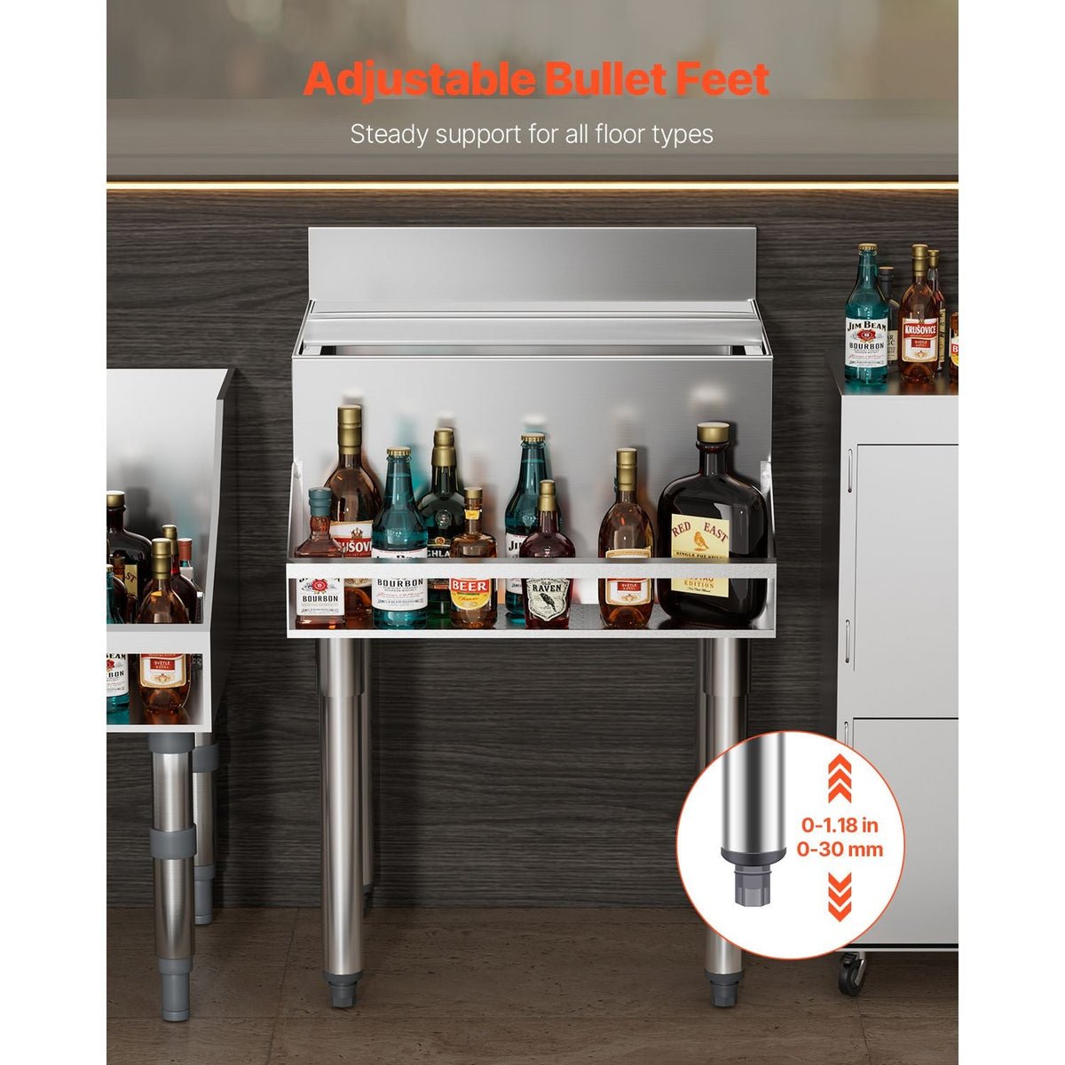 Commercial Ice Bin, 61.6 L Underbar Ice Bin, 24 x 24.2 x 37 in Stainless Steel Ice Chest with Sliding Lid, Bottle Holders, and Adjustable Bullet Feet, Cocktail Unit for Bar, Restaurant & Pub