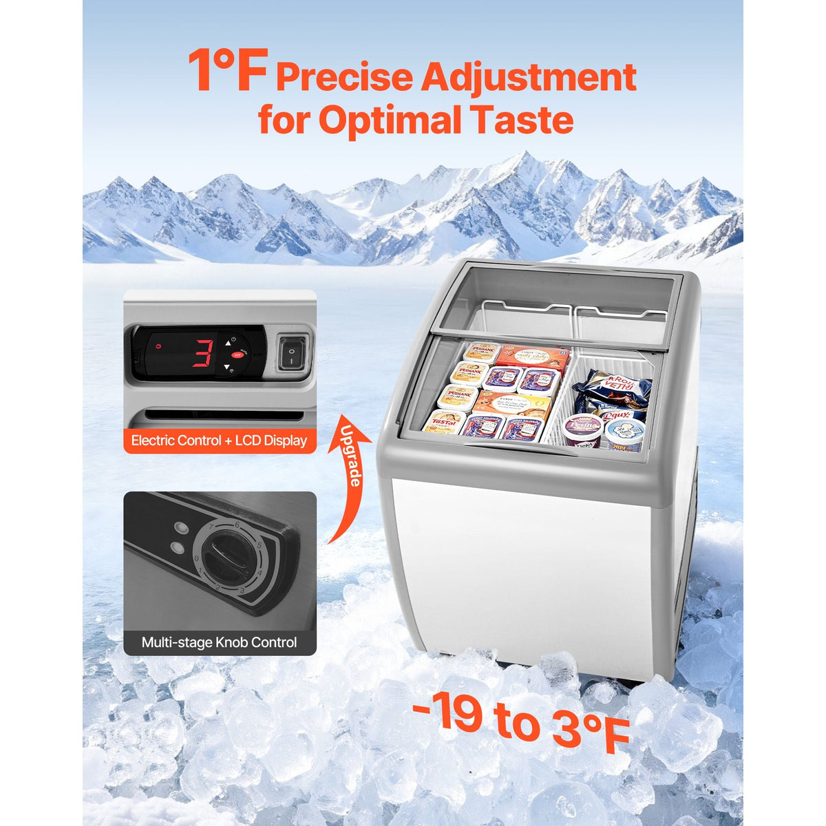 Commercial Ice Cream Display Case, 5.4 Cu.ft Chest Freezer, -19 to 3 F Temp Adjustable Mobile Top Deep Freezer with 2 Wire Baskets, 2 Sliding Glass Doors, Locking Casters & LED Strip Lighting