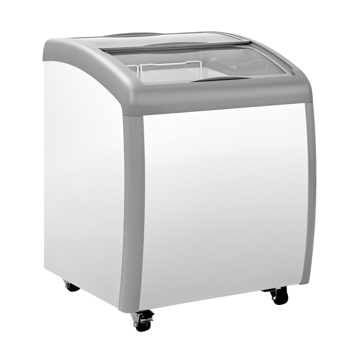 Commercial Ice Cream Display Case, 5.4 Cu.ft Chest Freezer, -19 to 3 F Temp Adjustable Mobile Top Deep Freezer with 2 Wire Baskets, 2 Sliding Glass Doors, Locking Casters & LED Strip Lighting