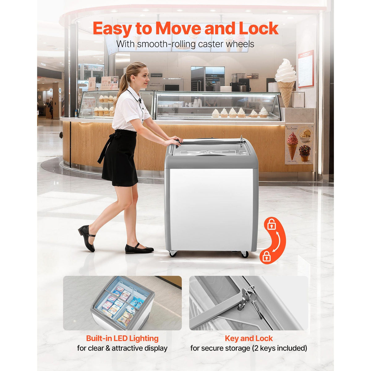 Commercial Ice Cream Display Case, 5.4 Cu.ft Chest Freezer, -19 to 3 F Temp Adjustable Mobile Top Deep Freezer with 2 Wire Baskets, 2 Sliding Glass Doors, Locking Casters & LED Strip Lighting