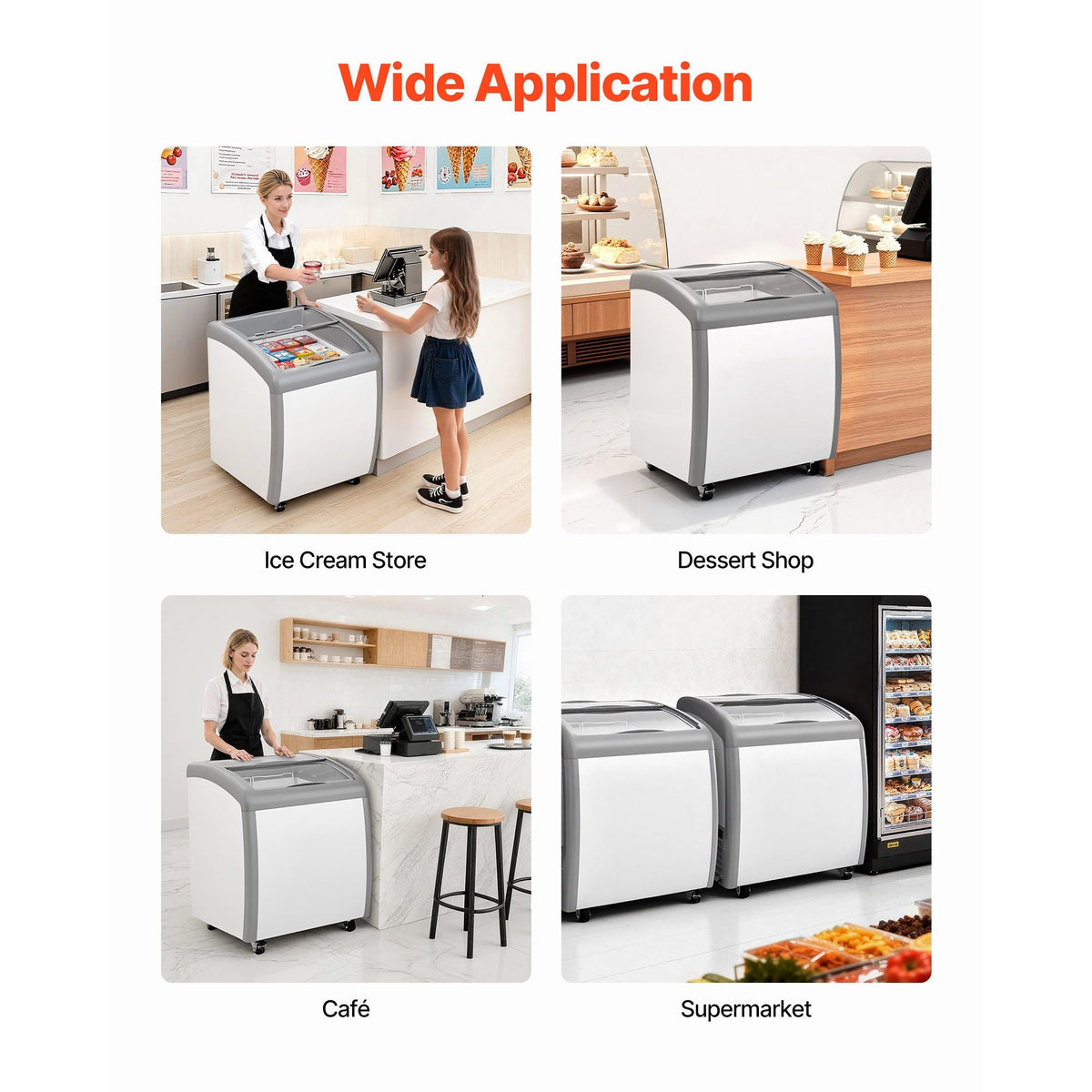 Commercial Ice Cream Display Case, 5.4 Cu.ft Chest Freezer, -19 to 3 F Temp Adjustable Mobile Top Deep Freezer with 2 Wire Baskets, 2 Sliding Glass Doors, Locking Casters & LED Strip Lighting