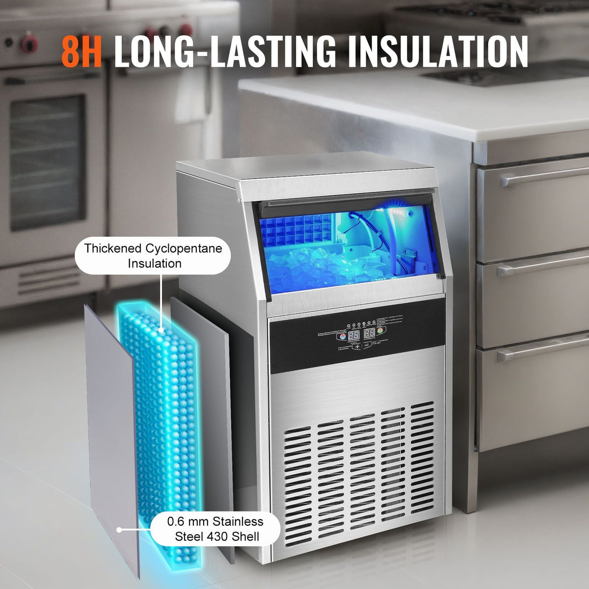 Commercial Ice Maker, 110lbs/24H, Ice Maker Machine, 60 Ice Cubes in 12-15 Minutes, Freestanding Cabinet Ice Maker with 33lbs Storage Capacity LED Digital Display, for Bar Home Office Restaurant