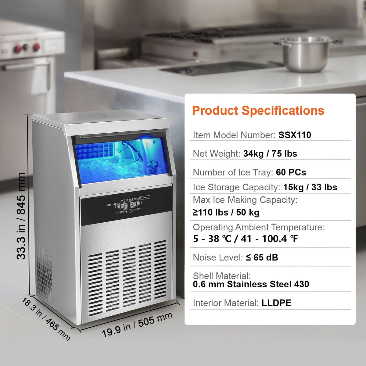 Commercial Ice Maker, 110lbs/24H, Ice Maker Machine, 60 Ice Cubes in 12-15 Minutes, Freestanding Cabinet Ice Maker with 33lbs Storage Capacity LED Digital Display, for Bar Home Office Restaurant