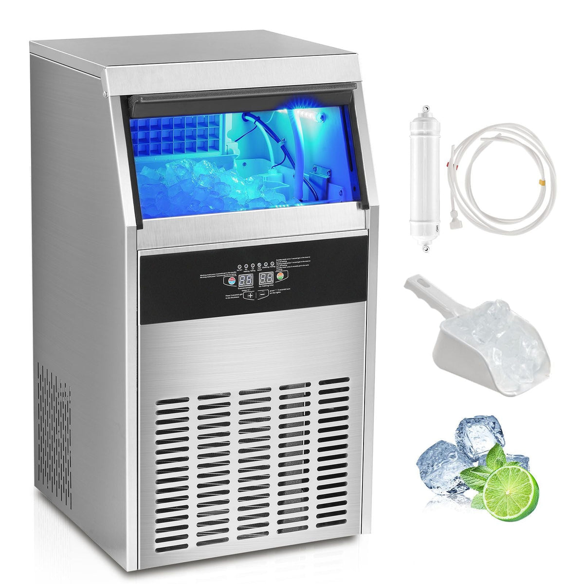 Commercial Ice Maker, 130lbs/24H, Ice Maker Machine, 60 Ice Cubes in 12-15 Minutes, Freestanding Cabinet Ice Maker with 33lbs Storage Capacity LED Digital Display, for Bar Home Office Restaurant
