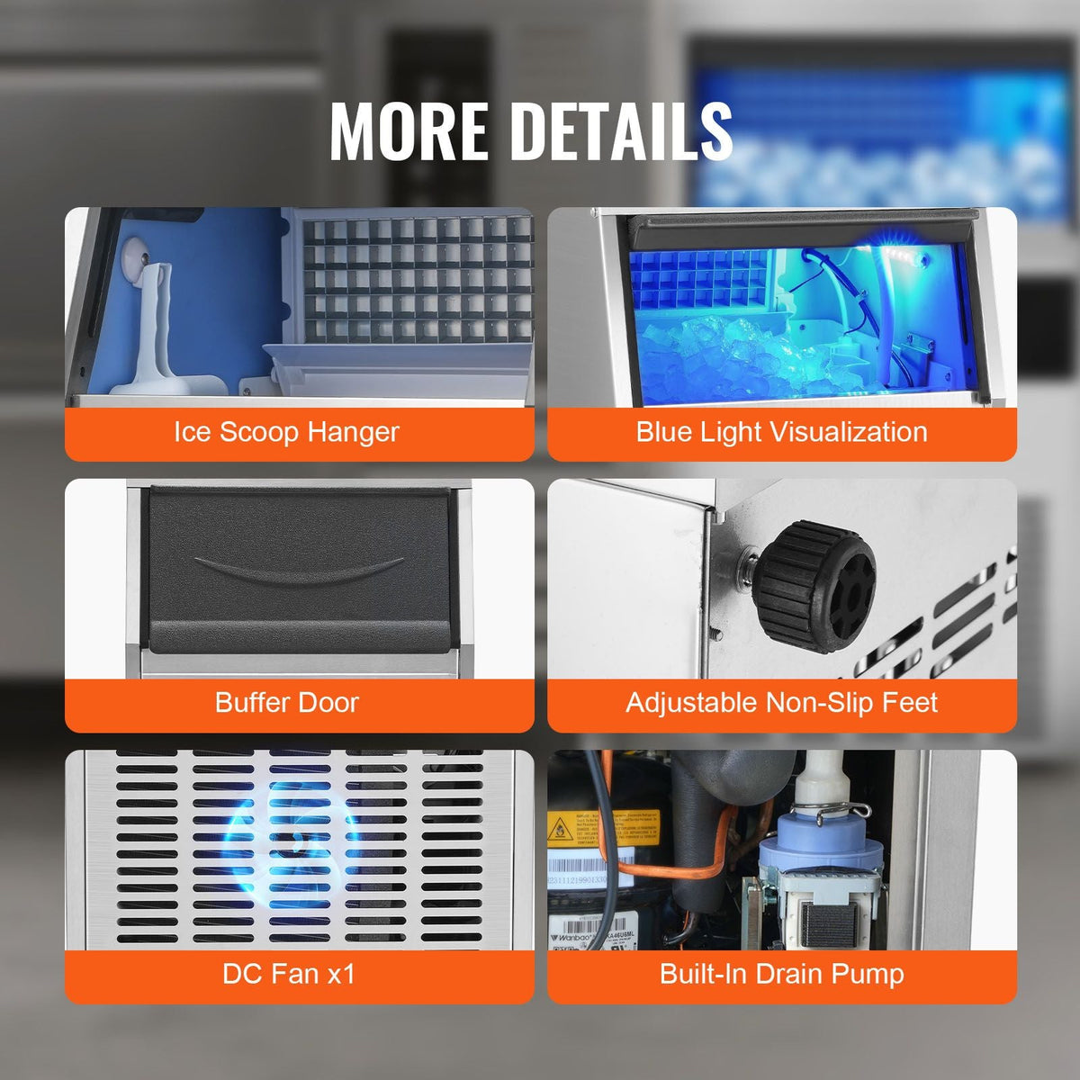 Commercial Ice Maker, 130lbs/24H, Ice Maker Machine, 60 Ice Cubes in 12-15 Minutes, Freestanding Cabinet Ice Maker with 33lbs Storage Capacity LED Digital Display, for Bar Home Office Restaurant