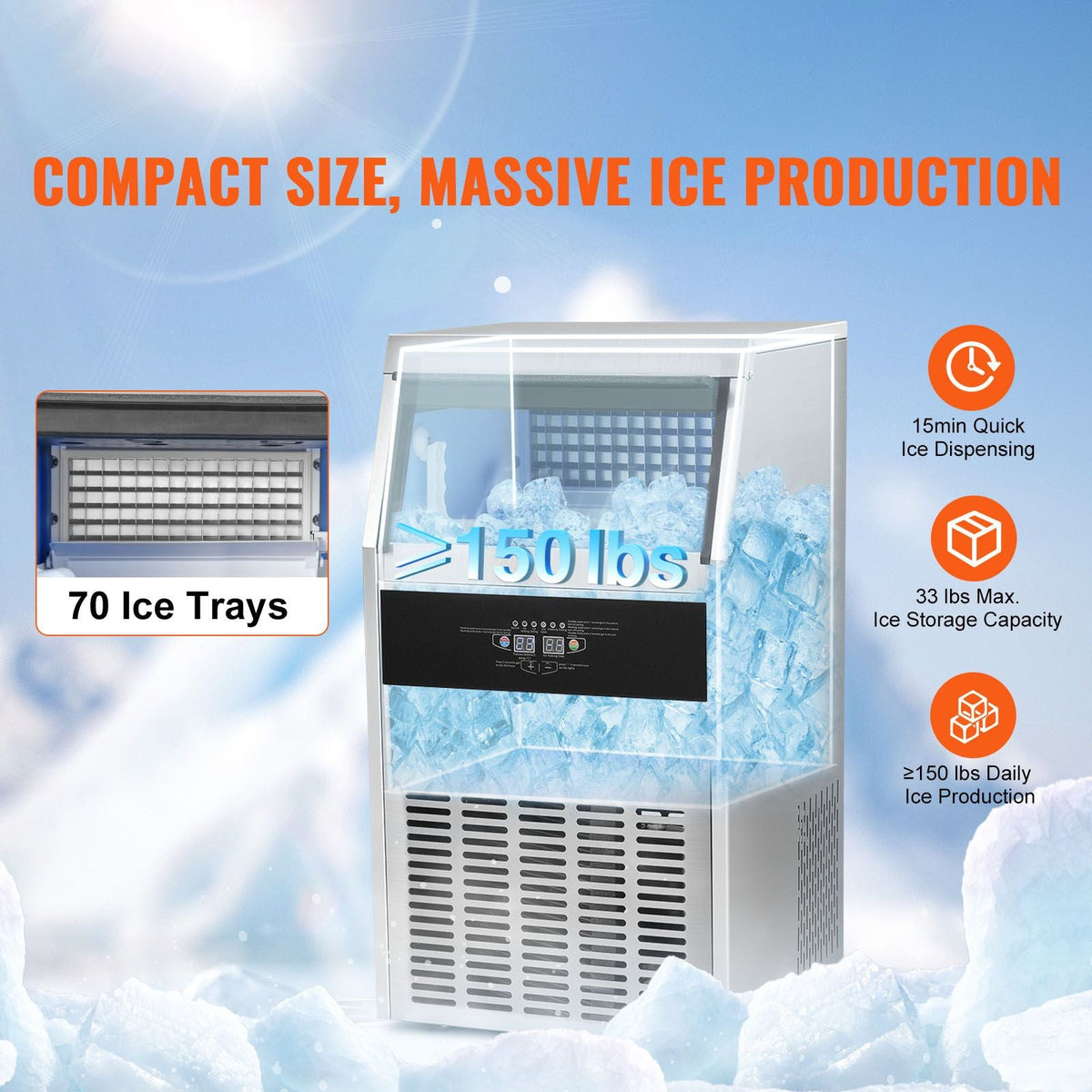 Commercial Ice Maker, 150lbs/24H, Ice Maker Machine, 70 Ice Cubes in 12-15 Minutes, Freestanding Cabinet Ice Maker with 33lbs Storage Capacity LED Digital Display, for Bar Home Office Restaurant