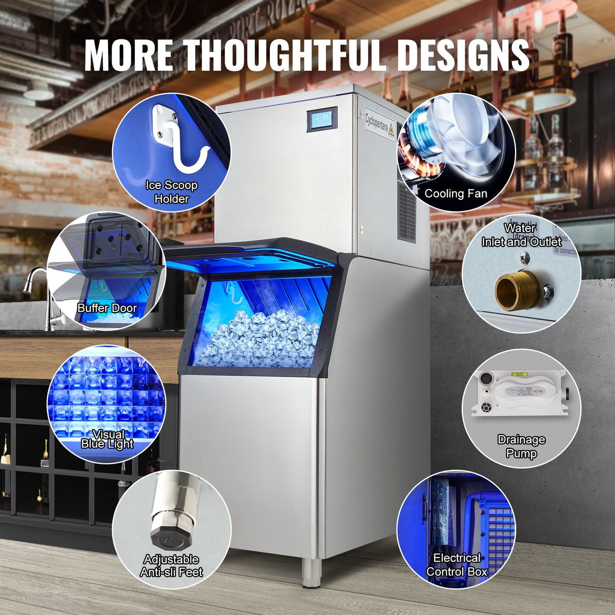Commercial Ice Maker, 550LBS/24H Ice Making Machine with 330.7LBS Large Storage Bin, 1000W Auto Self-Cleaning Ice Maker Machine ith 3.5-inch LED Screen for Business Bar Cafe Restaurant