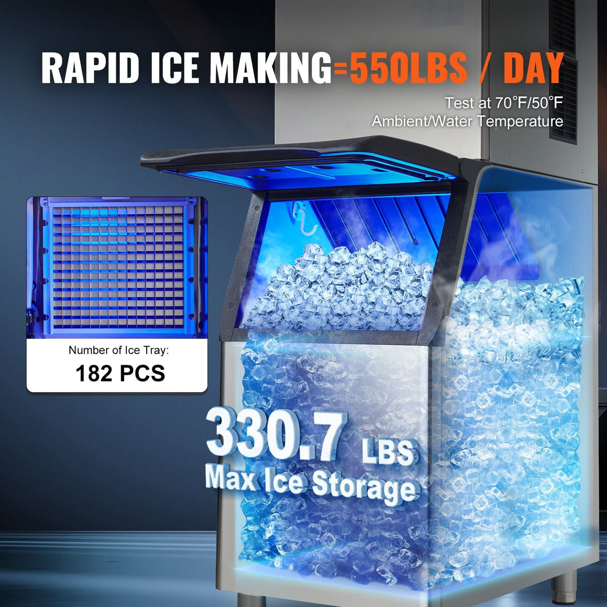Commercial Ice Maker, 550LBS/24H Ice Making Machine with 330.7LBS Large Storage Bin, 1000W Auto Self-Cleaning Ice Maker Machine ith 3.5-inch LED Screen for Business Bar Cafe Restaurant