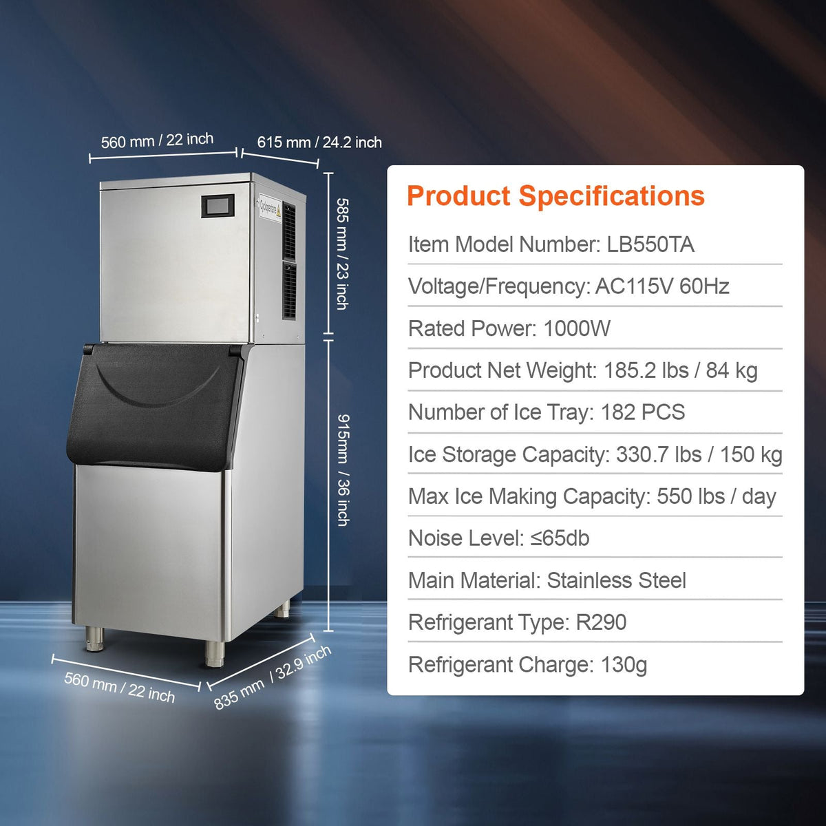 Commercial Ice Maker, 550LBS/24H Ice Making Machine with 330.7LBS Large Storage Bin, 1000W Auto Self-Cleaning Ice Maker Machine ith 3.5-inch LED Screen for Business Bar Cafe Restaurant