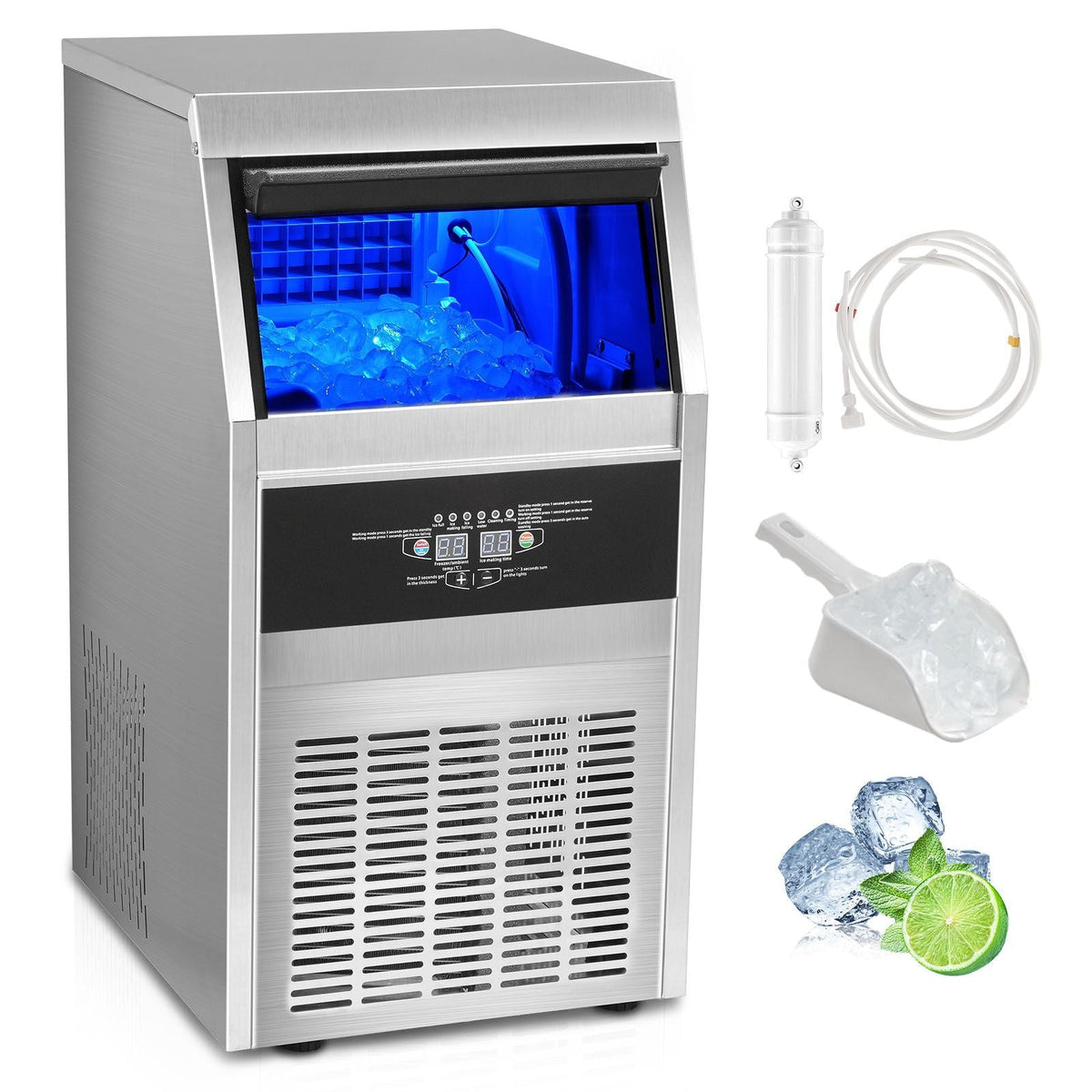 Commercial Ice Maker, 90lbs/24H, Ice Maker Machine, 45 Ice Cubes in 12-15 Minutes, Freestanding Cabinet Ice Maker with 24lbs Storage Capacity LED Digital Display, for Bar Home Office Restaurant