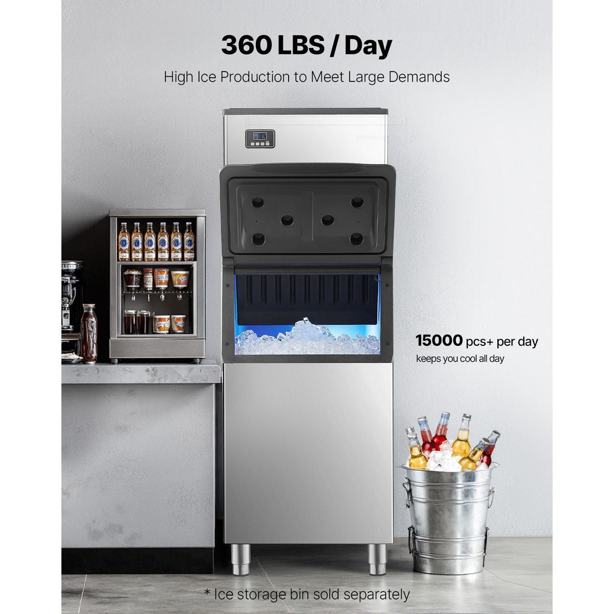 Commercial Ice Maker Machine - Head, 360 Lbs/Day Stainless Steel Ice Machine with Self-Cleaning, Scheduled Ice-Making, Adjustable Thickness, Ideal for Restaurant Bar Cafe Hotel - Head Only