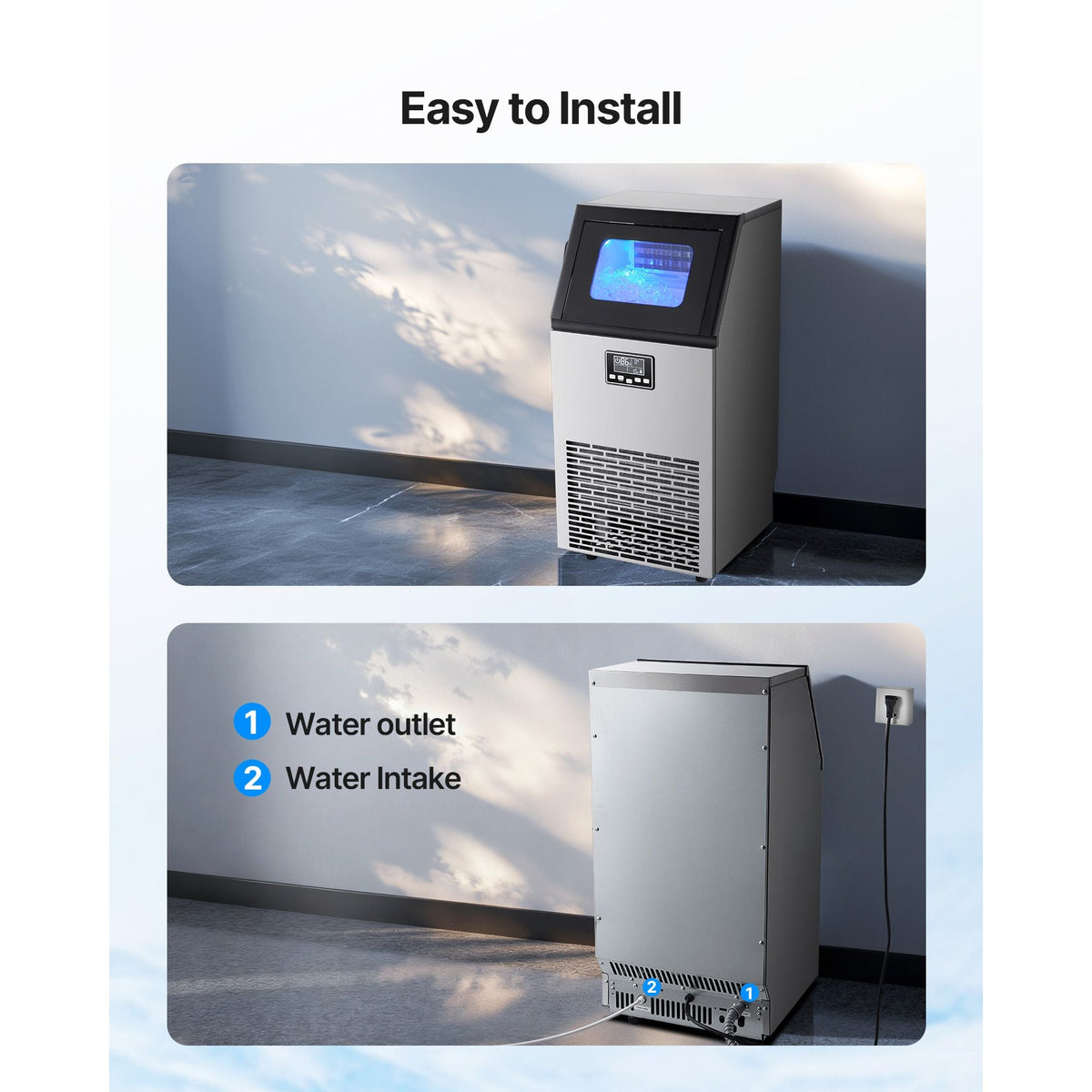Commercial Ice Maker Machine, 100 lbs/24h with 28Lbs Storage, 45 Cubes per Cycle, Stainless Steel Freestanding & Under Counter Ice Maker with LED Display & Self-Cleaning, for Home Bar Restaurant