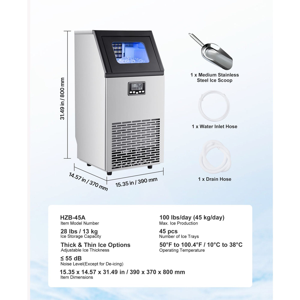 Commercial Ice Maker Machine, 100 lbs/24h with 28Lbs Storage, 45 Cubes per Cycle, Stainless Steel Freestanding & Under Counter Ice Maker with LED Display & Self-Cleaning, for Home Bar Restaurant
