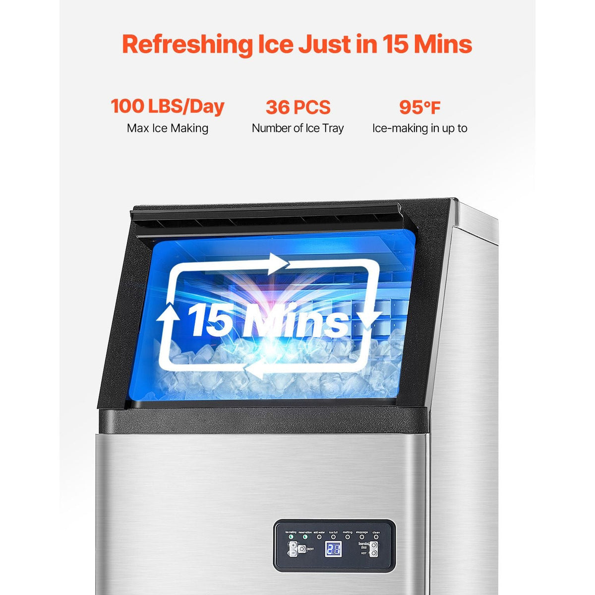 Commercial Ice Maker Machine, 100lbs/24H Ice Maker Machine with 16lbs Storage Capacity, 36 Ice Cubes in 15 Minutes, LED Digital Display Freestanding Self-Cleaning for Bar Office Restaurant