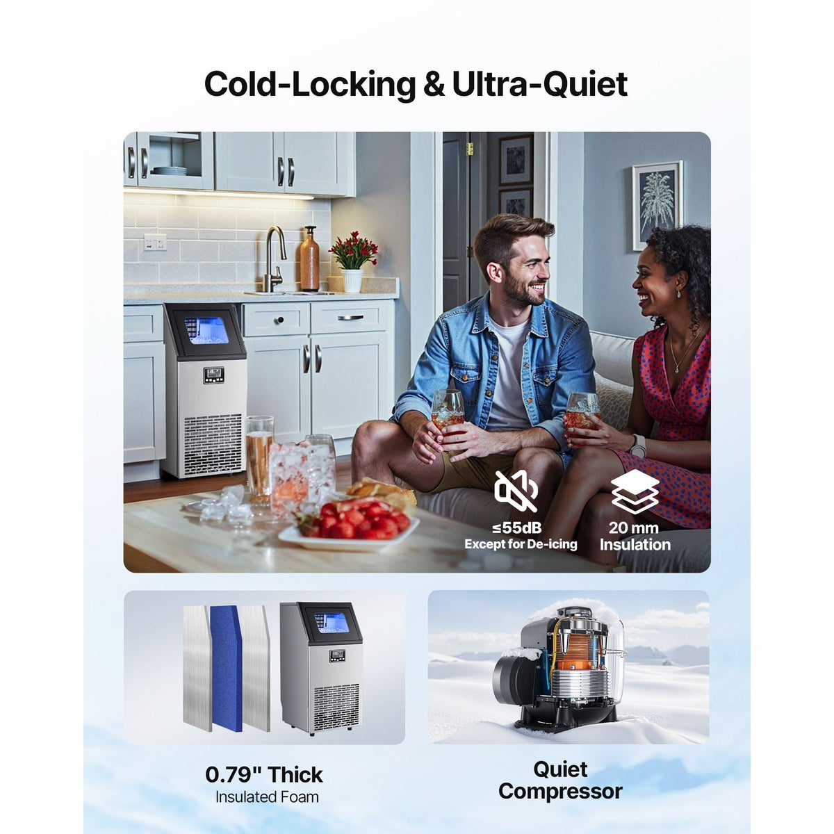 Commercial Ice Maker Machine, 120 lbs/24h with 28Lbs Storage, 45 Cubes per Cycle, Stainless Steel Freestanding & Under Counter Ice Maker with LED Display & Self-Cleaning, for Home Bar Restaurant