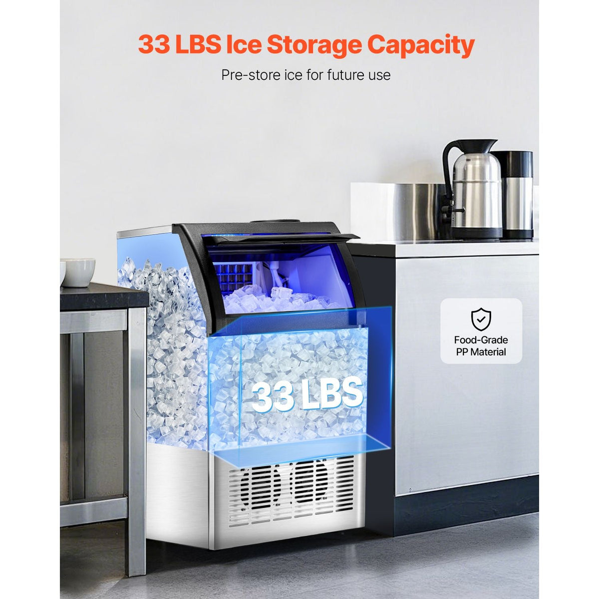 Commercial Ice Maker Machine, 130lbs/24H Ice Maker Machine with 33lbs Storage Capacity, 55 Ice Cubes in 15 Minutes, LED Digital Display Freestanding Self-Cleaning for Bar Office Restaurant