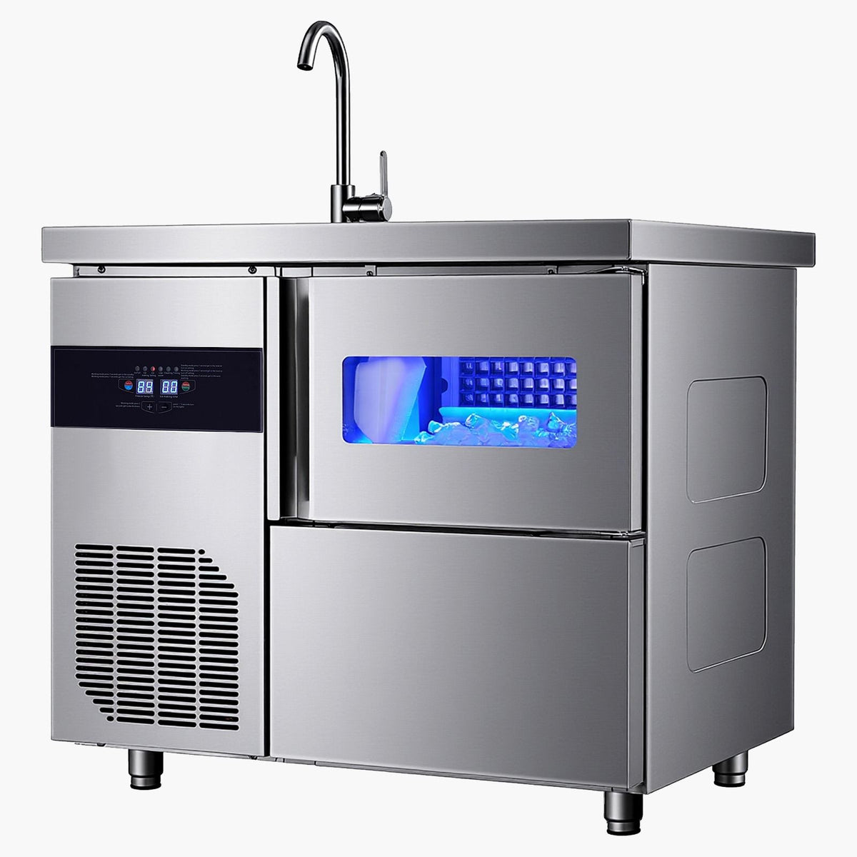 Commercial Ice Maker Machine, 132 lbs/24H Stainless Steel Worktop Ice Machine with Sink, 30 lbs Storage & 70 Cubes/Cycle, Self-Cleaning Freestanding Ice-Making for Home Bar Restaurant Kitchen