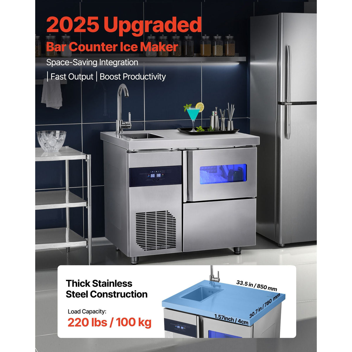 Commercial Ice Maker Machine, 132 lbs/24H Stainless Steel Worktop Ice Machine with Sink, 30 lbs Storage & 70 Cubes/Cycle, Self-Cleaning Freestanding Ice-Making for Home Bar Restaurant Kitchen