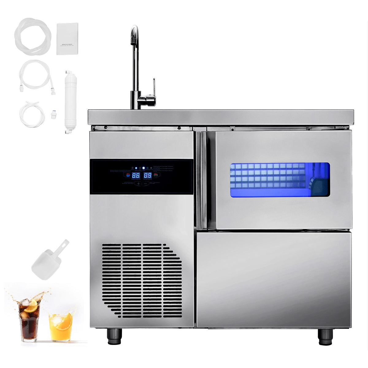 Commercial Ice Maker Machine, 132 lbs/24H Stainless Steel Worktop Ice Machine with Sink, 30 lbs Storage & 70 Cubes/Cycle, Self-Cleaning Freestanding Ice-Making for Home Bar Restaurant Kitchen