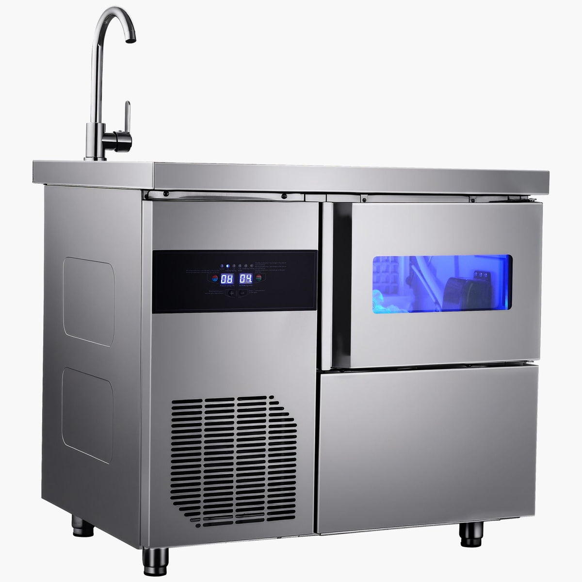 Commercial Ice Maker Machine, 132 lbs/24H Stainless Steel Worktop Ice Machine with Sink, 30 lbs Storage & 70 Cubes/Cycle, Self-Cleaning Freestanding Ice-Making for Home Bar Restaurant Kitchen