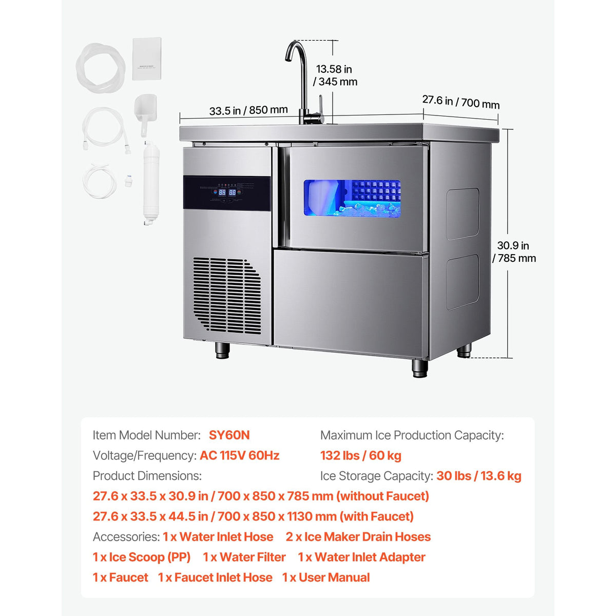 Commercial Ice Maker Machine, 132 lbs/24H Stainless Steel Worktop Ice Machine with Sink, 30 lbs Storage & 70 Cubes/Cycle, Self-Cleaning Freestanding Ice-Making for Home Bar Restaurant Kitchen