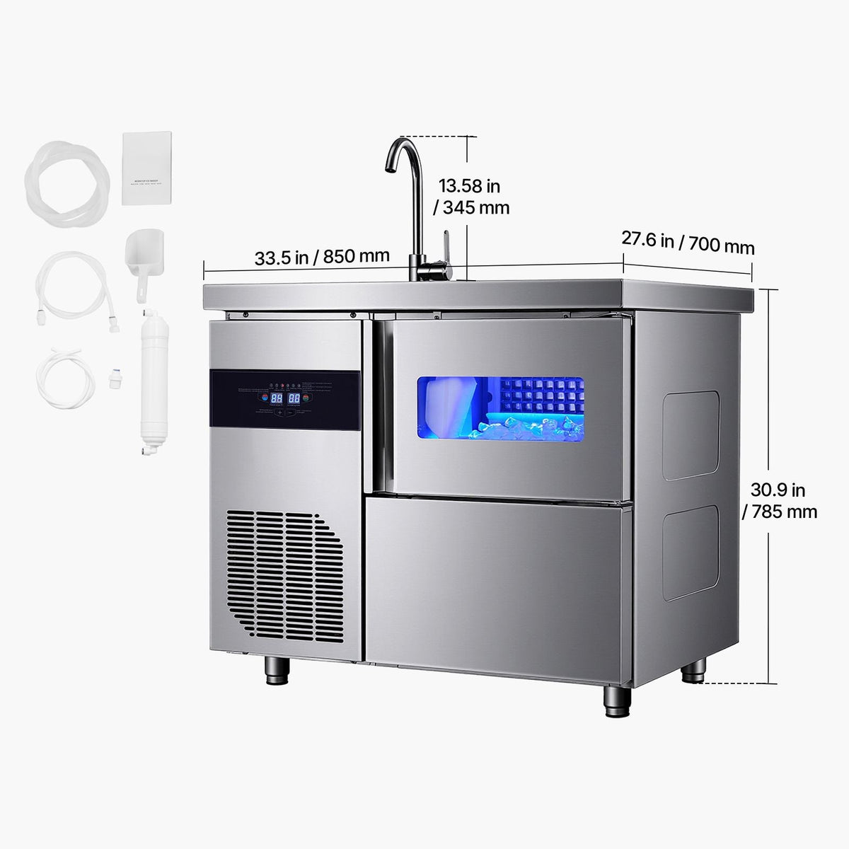 Commercial Ice Maker Machine, 132 lbs/24H Stainless Steel Worktop Ice Machine with Sink, 30 lbs Storage & 70 Cubes/Cycle, Self-Cleaning Freestanding Ice-Making for Home Bar Restaurant Kitchen