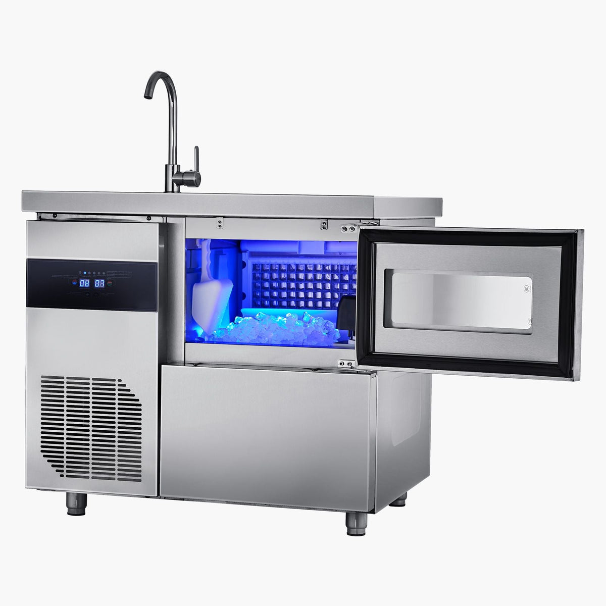 Commercial Ice Maker Machine, 132 lbs/24H Stainless Steel Worktop Ice Machine with Sink, 30 lbs Storage & 70 Cubes/Cycle, Self-Cleaning Freestanding Ice-Making for Home Bar Restaurant Kitchen