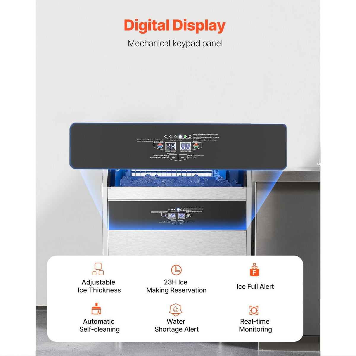 Commercial Ice Maker Machine, 160lbs/24H Ice Maker Machine with 66lbs Storage Capacity, 80 Ice Cubes in 15 Minutes, LED Digital Display Freestanding Self-Cleaning for Bar Office Restaurant