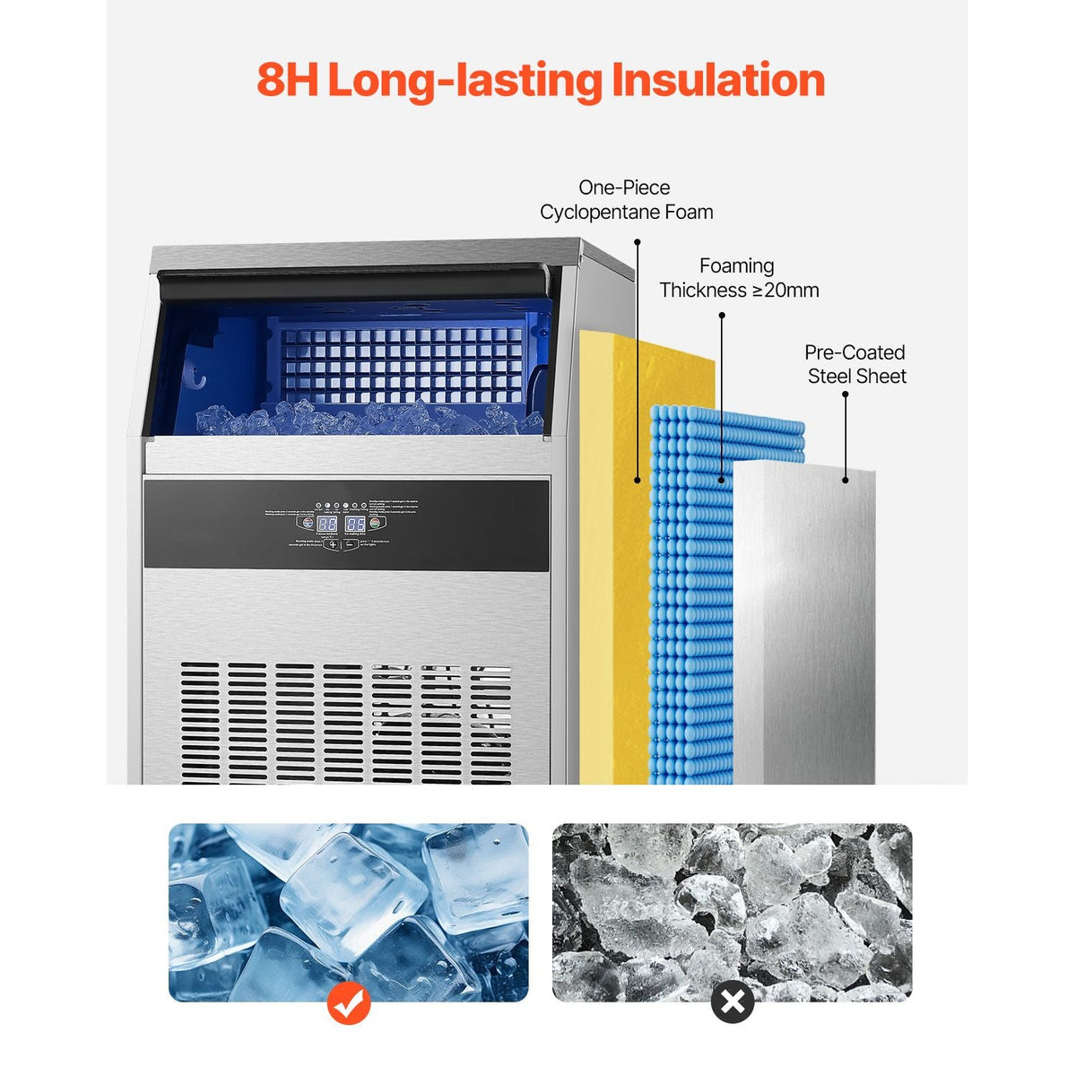 Commercial Ice Maker Machine, 200lbs/24H Ice Maker Machine with 66lbs Storage Capacity, 108 Ice Cubes in 15 Minutes, LED Digital Display Freestanding Self-Cleaning for Bar Office Restaurant