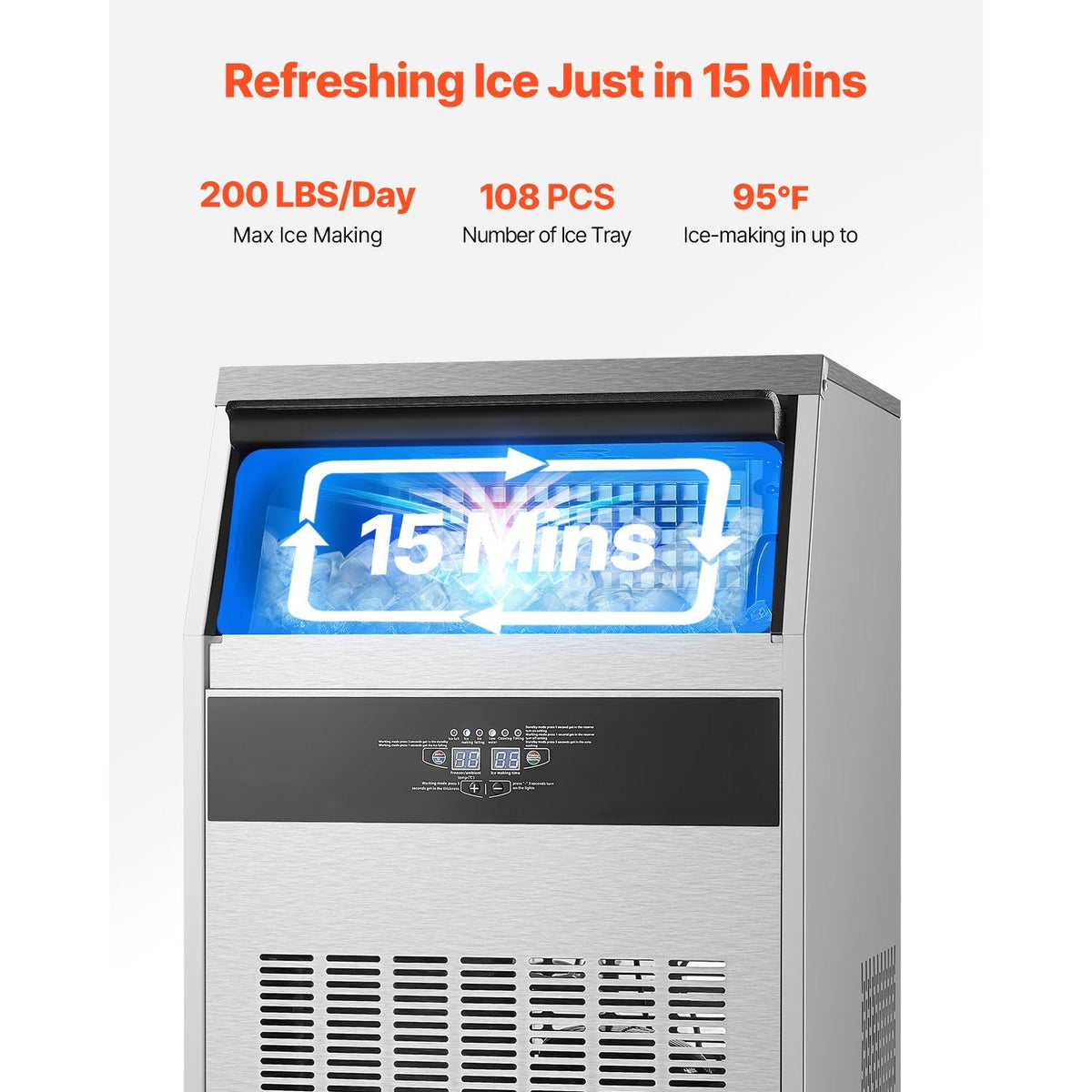 Commercial Ice Maker Machine, 200lbs/24H Ice Maker Machine with 66lbs Storage Capacity, 108 Ice Cubes in 15 Minutes, LED Digital Display Freestanding Self-Cleaning for Bar Office Restaurant