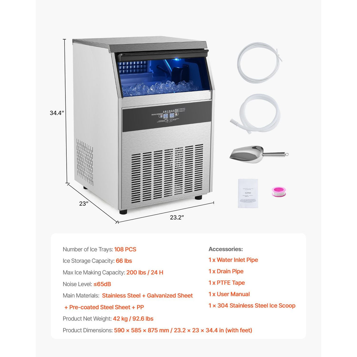 Commercial Ice Maker Machine, 200lbs/24H Ice Maker Machine with 66lbs Storage Capacity, 108 Ice Cubes in 15 Minutes, LED Digital Display Freestanding Self-Cleaning for Bar Office Restaurant