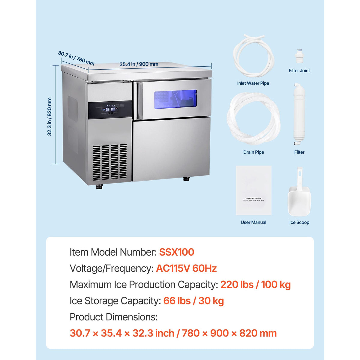Commercial Ice Maker Machine, 220 lbs/24H Stainless Steel Ice Machine with Worktop, 66 lbs Storage & 108 Cubes/Cycle, Self-Cleaning Freestanding Ice-Making for Home Bar Office Restaurant Kitchen