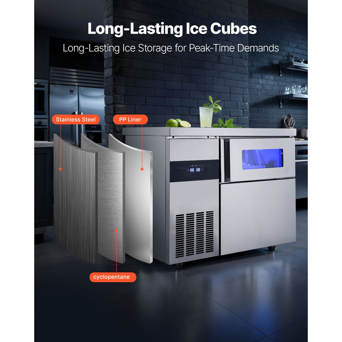 Commercial Ice Maker Machine, 220 lbs/24H Stainless Steel Ice Machine with Worktop, 66 lbs Storage & 108 Cubes/Cycle, Self-Cleaning Freestanding Ice-Making for Home Bar Office Restaurant Kitchen