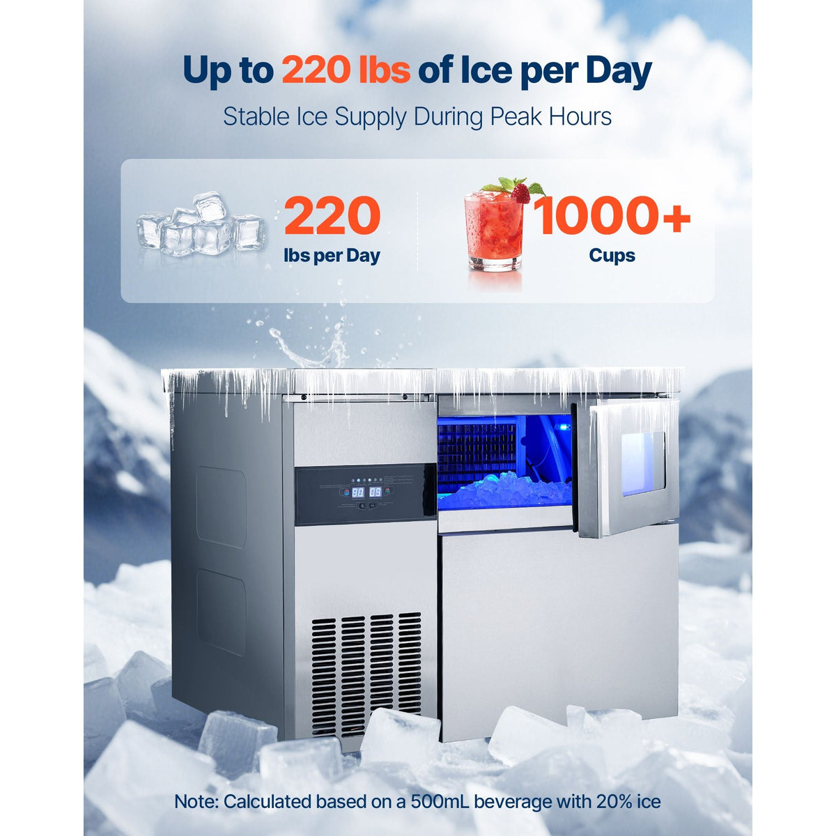 Commercial Ice Maker Machine, 220 lbs/24H Stainless Steel Ice Machine with Worktop, 66 lbs Storage & 108 Cubes/Cycle, Self-Cleaning Freestanding Ice-Making for Home Bar Office Restaurant Kitchen